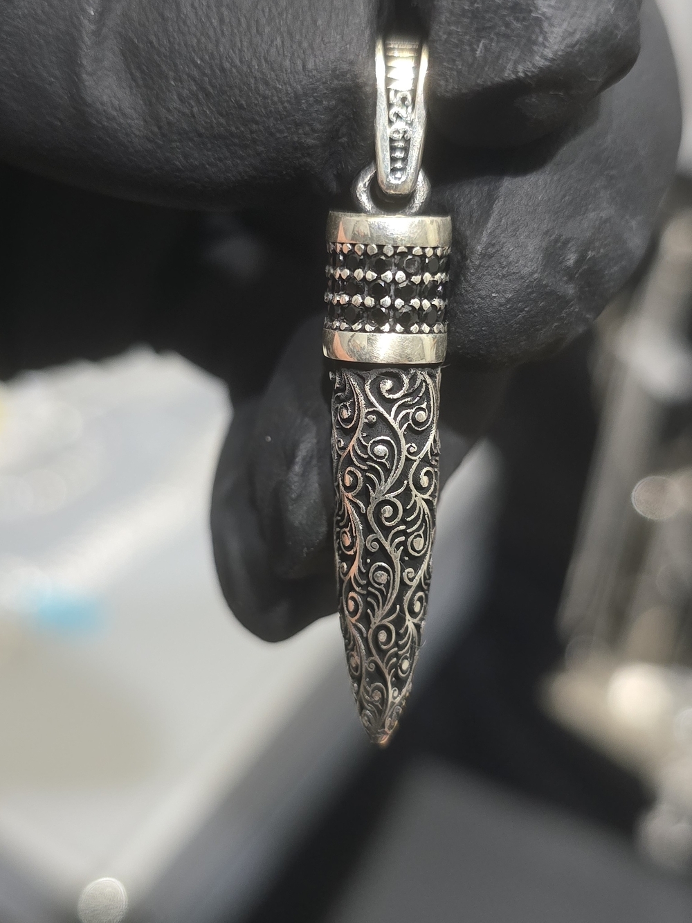 Vintage Taxco Sterling Silver Engraved Bullet Pendant w/ Black Moissanite Stones